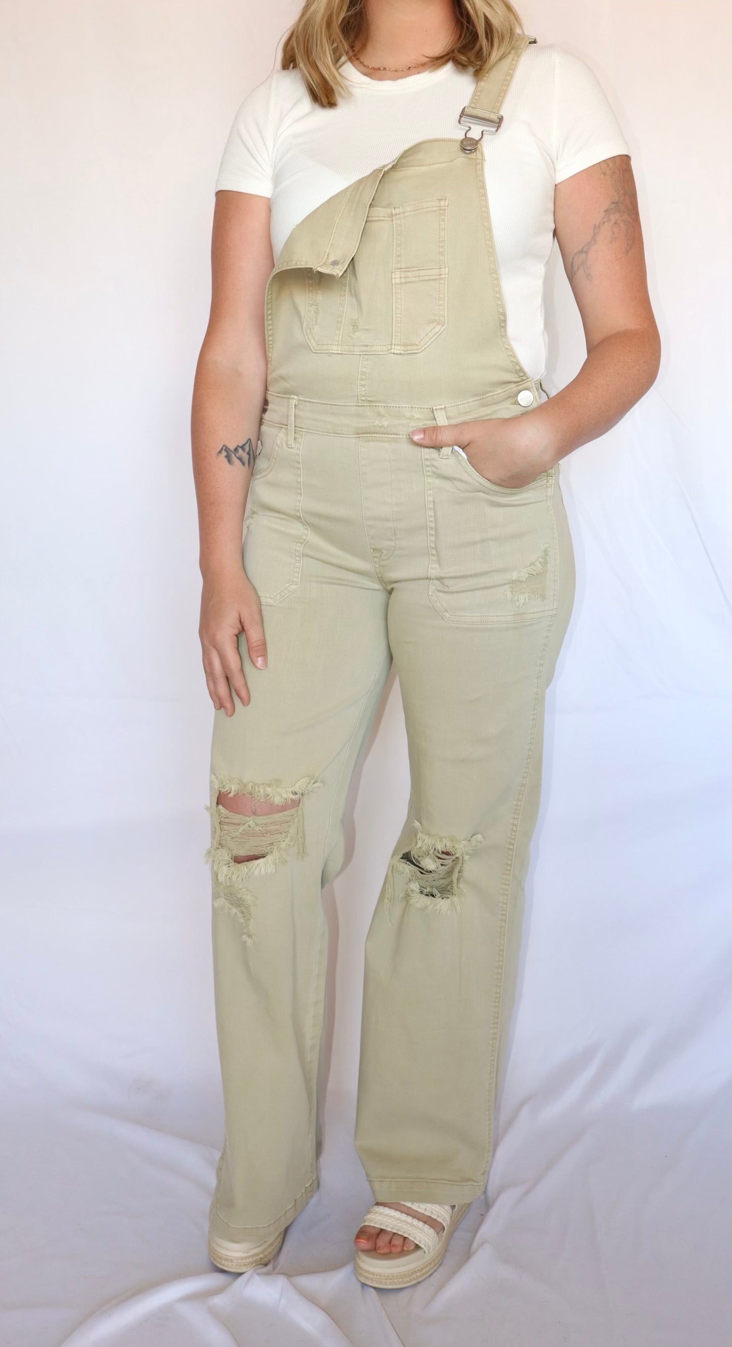 Khaki Front Patch Pocket Wide Leg Overalls