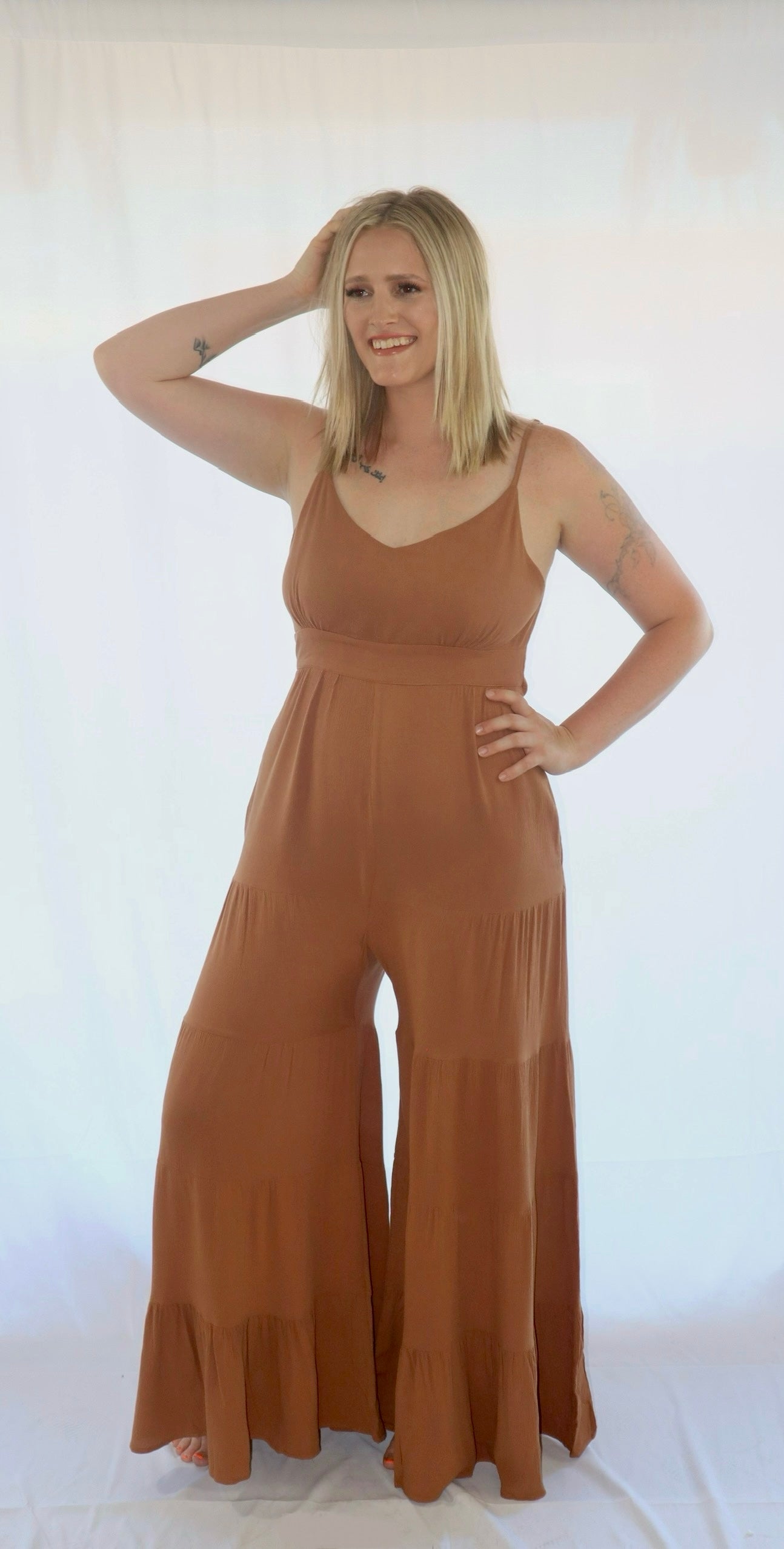 Sleeveless Open Back Tiered Pants Jumper with Back Tie Detail