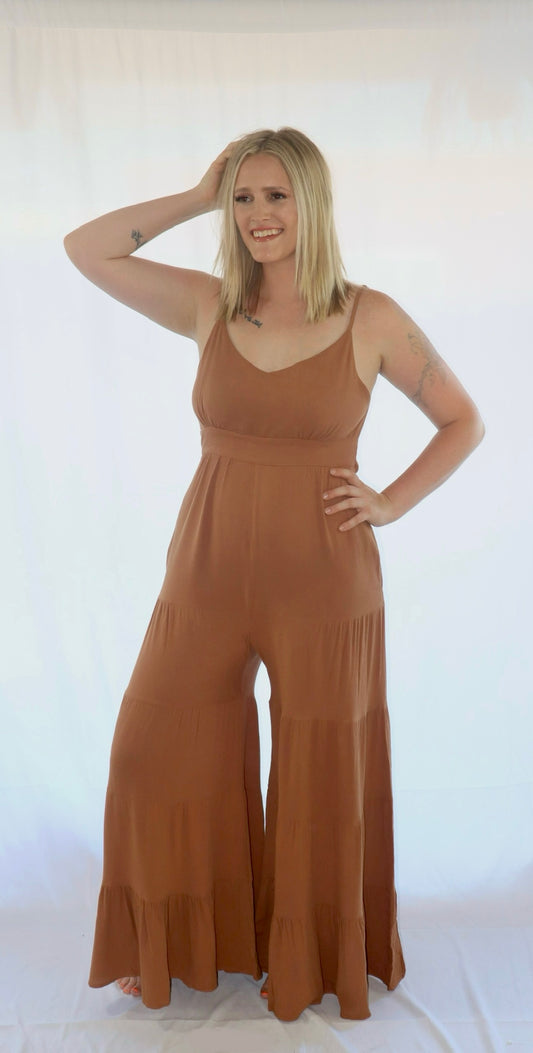 Sleeveless Open Back Tiered Pants Jumper with Back Tie Detail