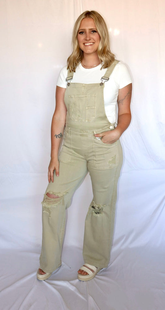 Khaki Front Patch Pocket Wide Leg Overalls