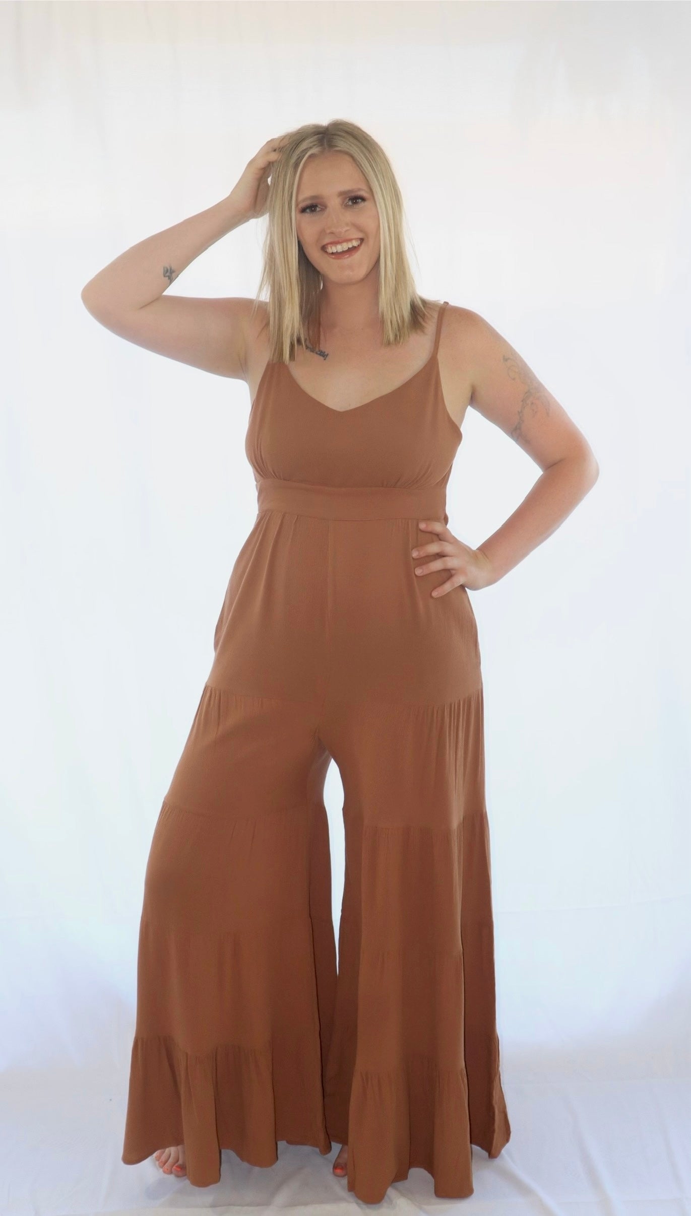 Sleeveless Open Back Tiered Pants Jumper with Back Tie Detail