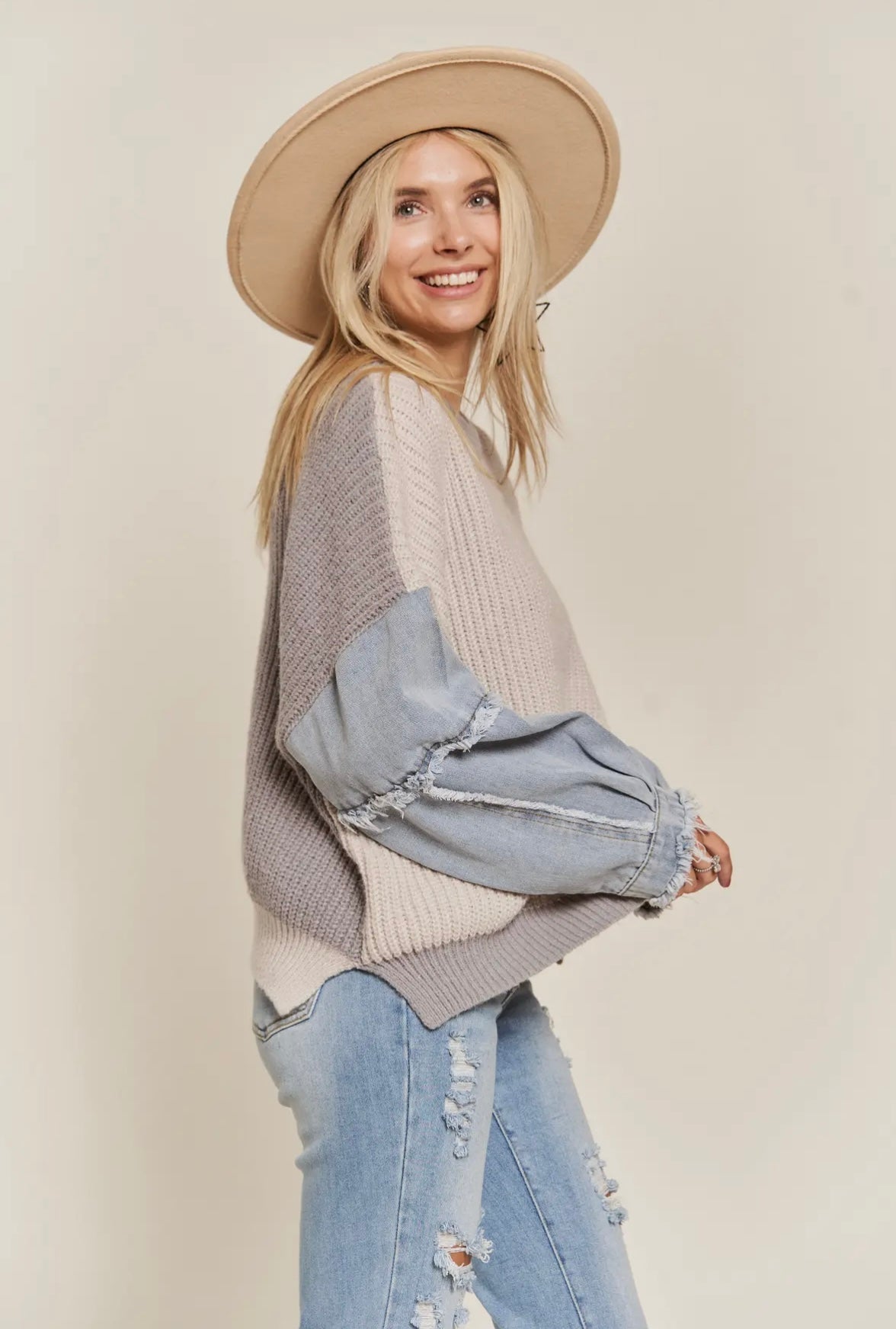 Frayed Denim Sleeve Sweater