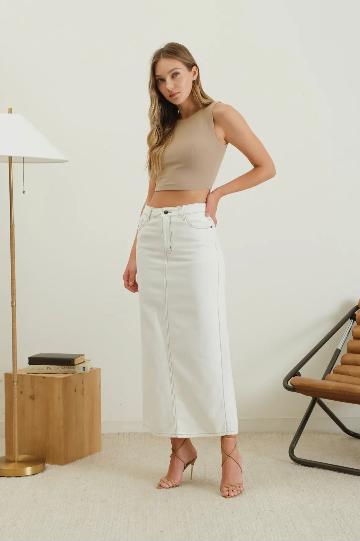 Back Slit White Midi Denim Skirt