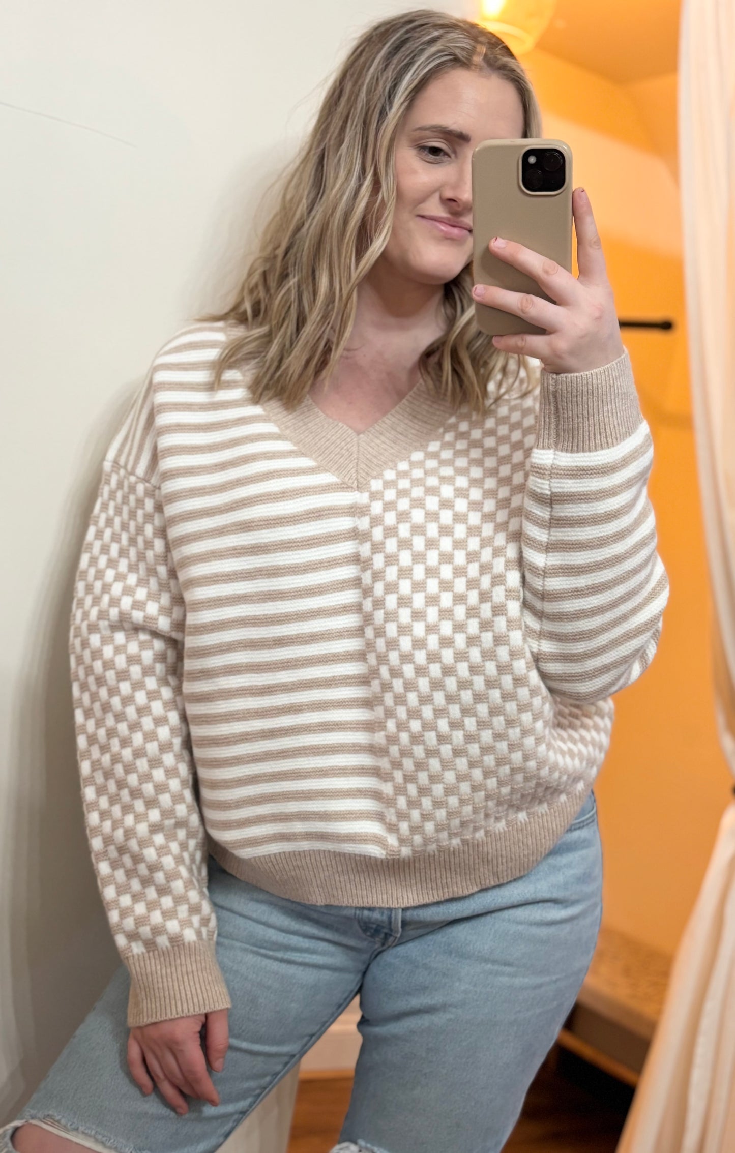 Frenchy Checkered V Neck Sweater