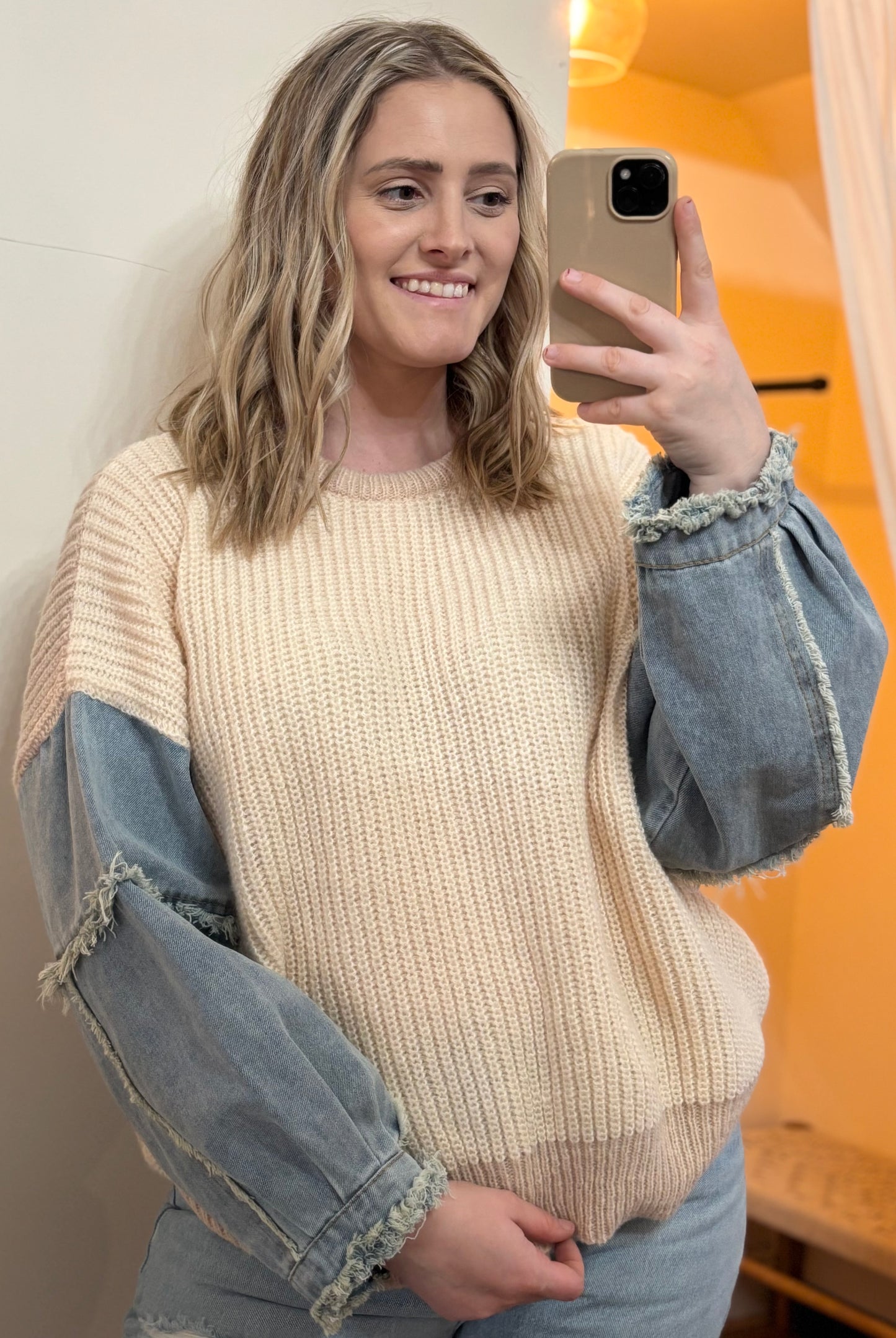 Frayed Denim Sleeve Sweater