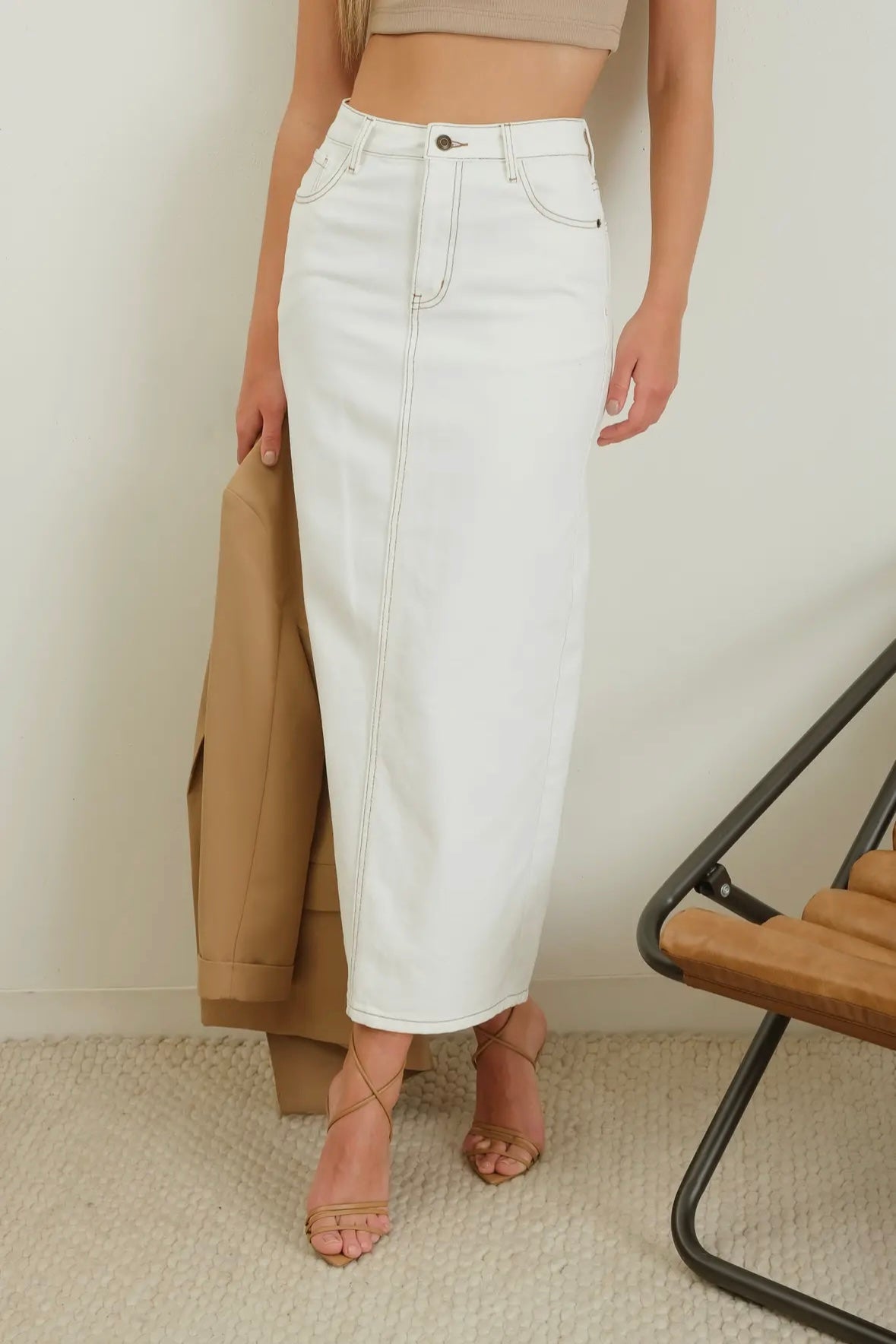 Back Slit White Midi Denim Skirt